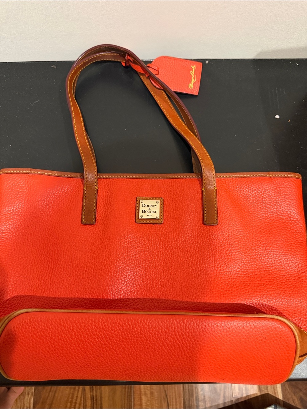 Dooney & Bourke Bright Orange Pebbled Leather Tote with Brown Trim
